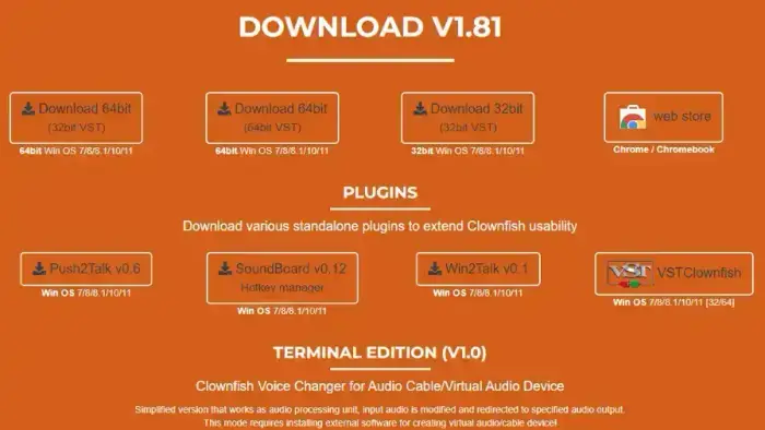 Official Clownfish Voice Changer website download page for Windows showing 64-bit and 32-bit options