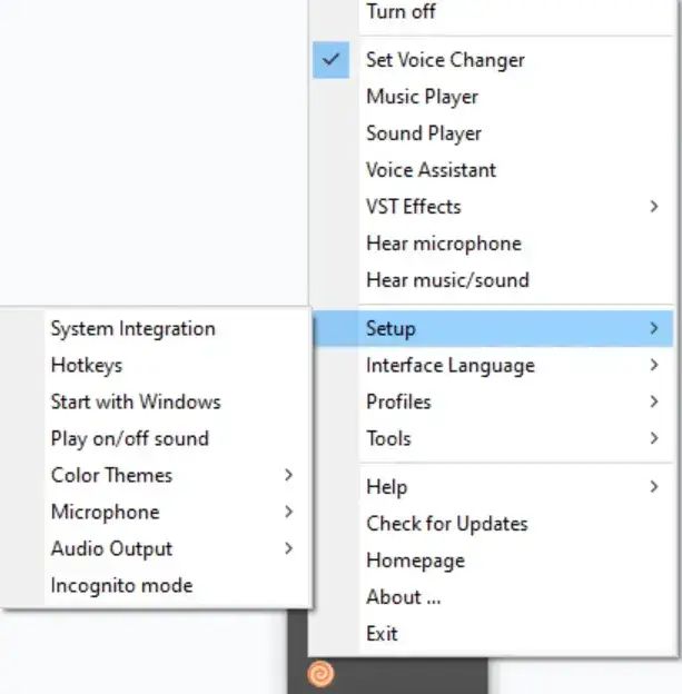 Right-clicking Clownfish system tray icon and selecting the 'Setup  loading=