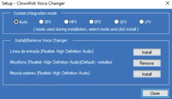 Clownfish Voice Changer 'System Integration' window showing list of microphones for setup and installation