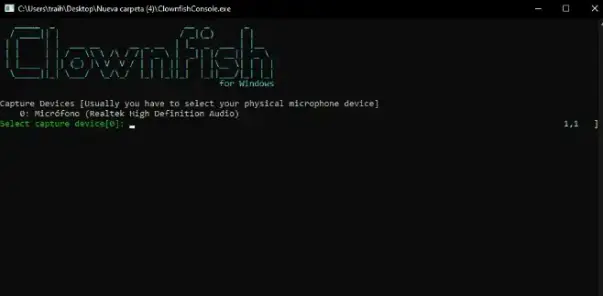 Screenshot of the Clownfish Voice Changer Terminal Edition running in a command line window interface