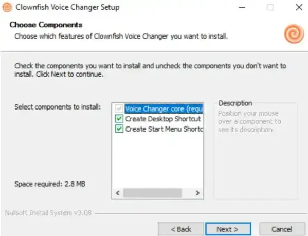 Clownfish Voice Changer installation wizard - Selecting components to install