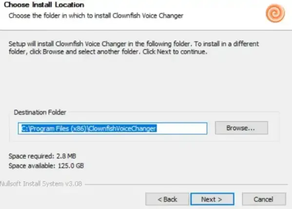 Clownfish Voice Changer installation wizard - Choosing the install location