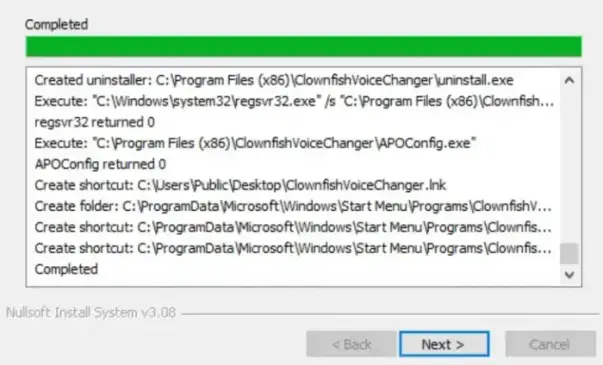 Clownfish Voice Changer installation wizard successfully completed - Finish screen